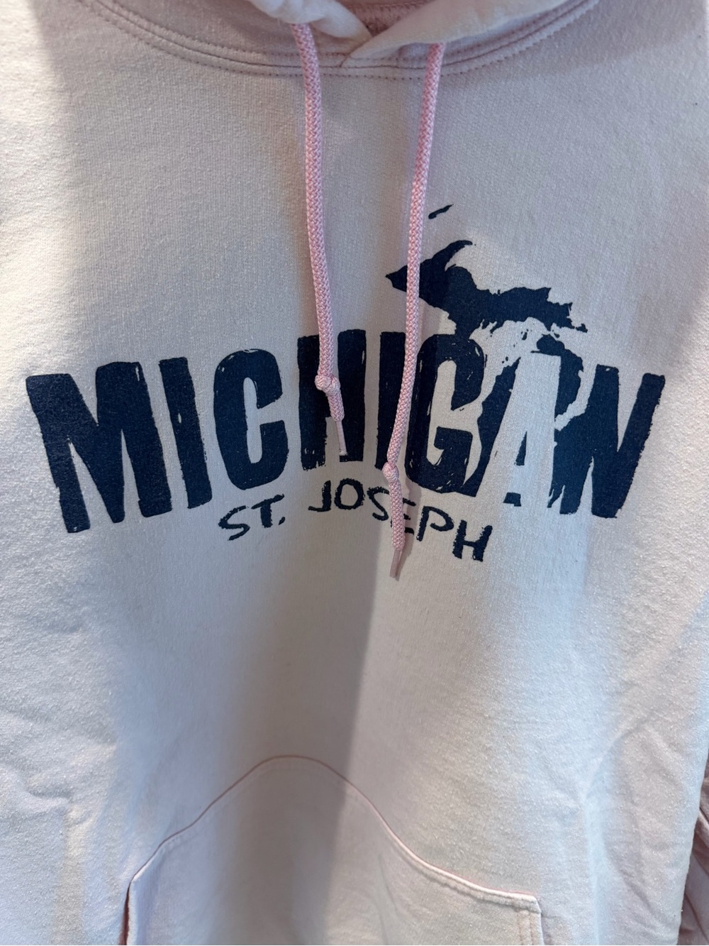 Gildan Pink Hoodie Sweatshirt with Navy Michigan Chest Graphic